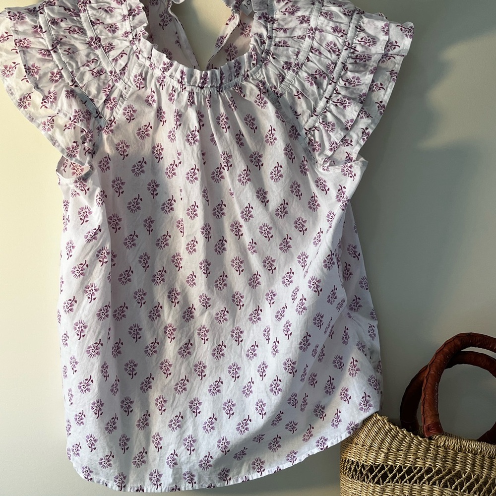 J. Crew Factory White Top with Purple Floral Print and Ruffle Sleeves